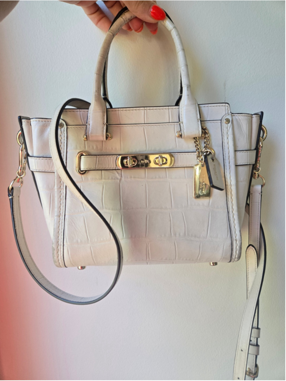 Women's Coach White Croc-Embossed Satchel Bag, One Size